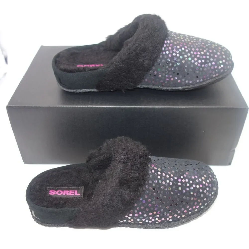 NEW Sorel Nariska Slide II Black Sparkle Slippers Fleece Lined Kids Girls Size 4